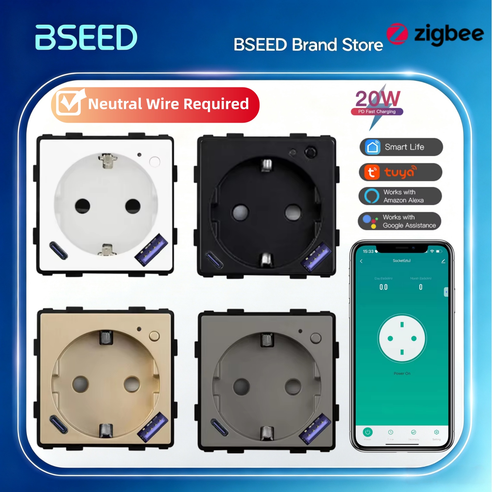 Smart Socket 16A Tuya App - BSEED Zigbee Smart Socket Part Power