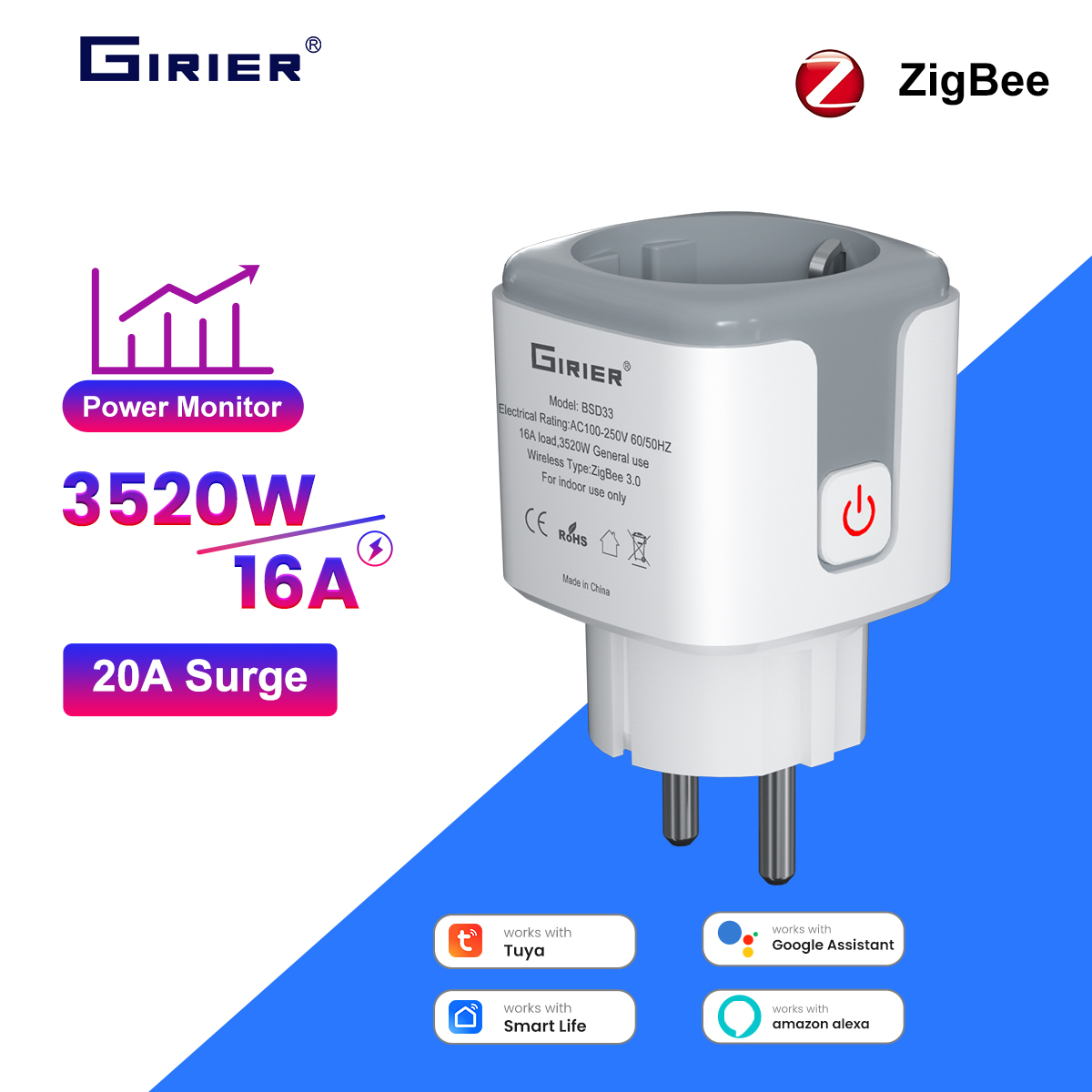 Smart Socket 16A Tuya App - GIRIER Tuya Smart ZigBee Power Plug