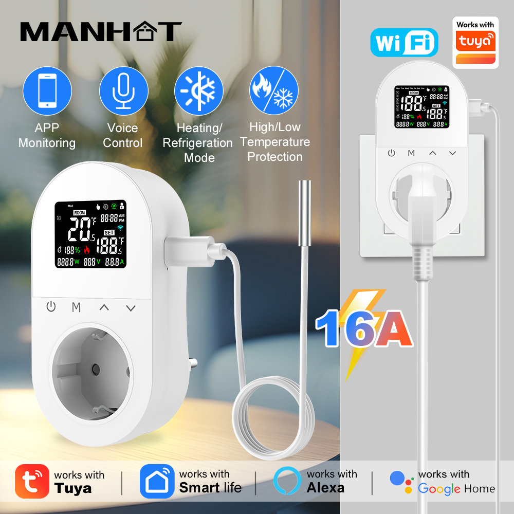 Smart Socket 16A Tuya App - MANHOT 16A WiFi Smart Plug-in Thermostat